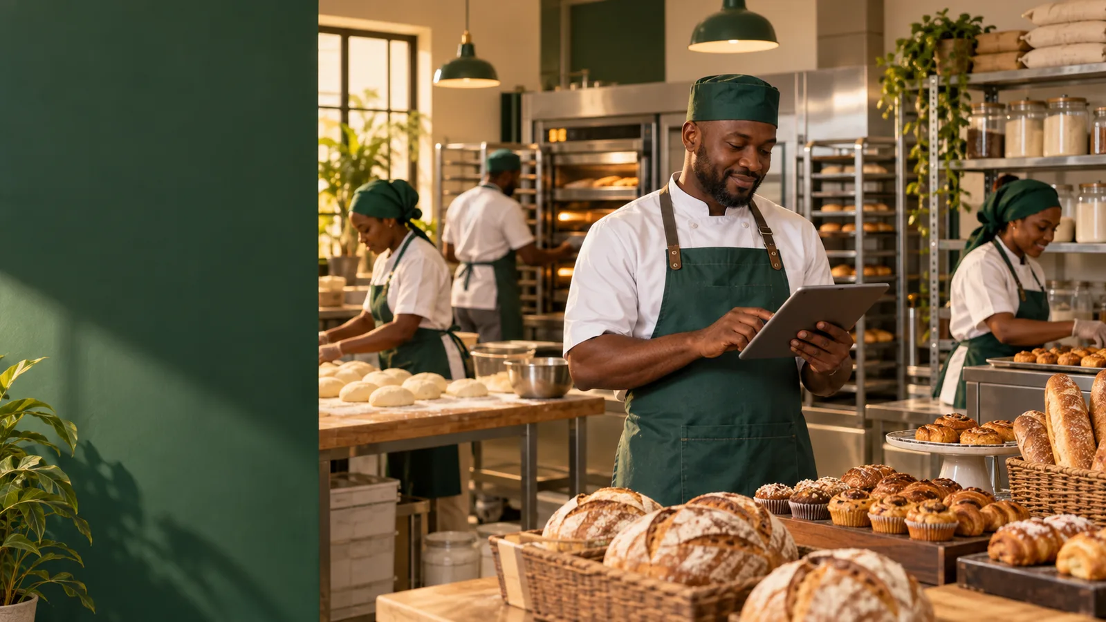 Nigerian baker reviewing production on a tablet beside fresh bread and pastries