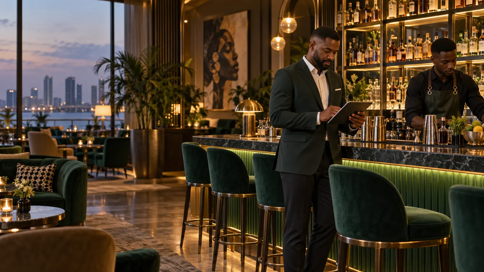 Nigerian lounge manager checking operations at an elegant bar