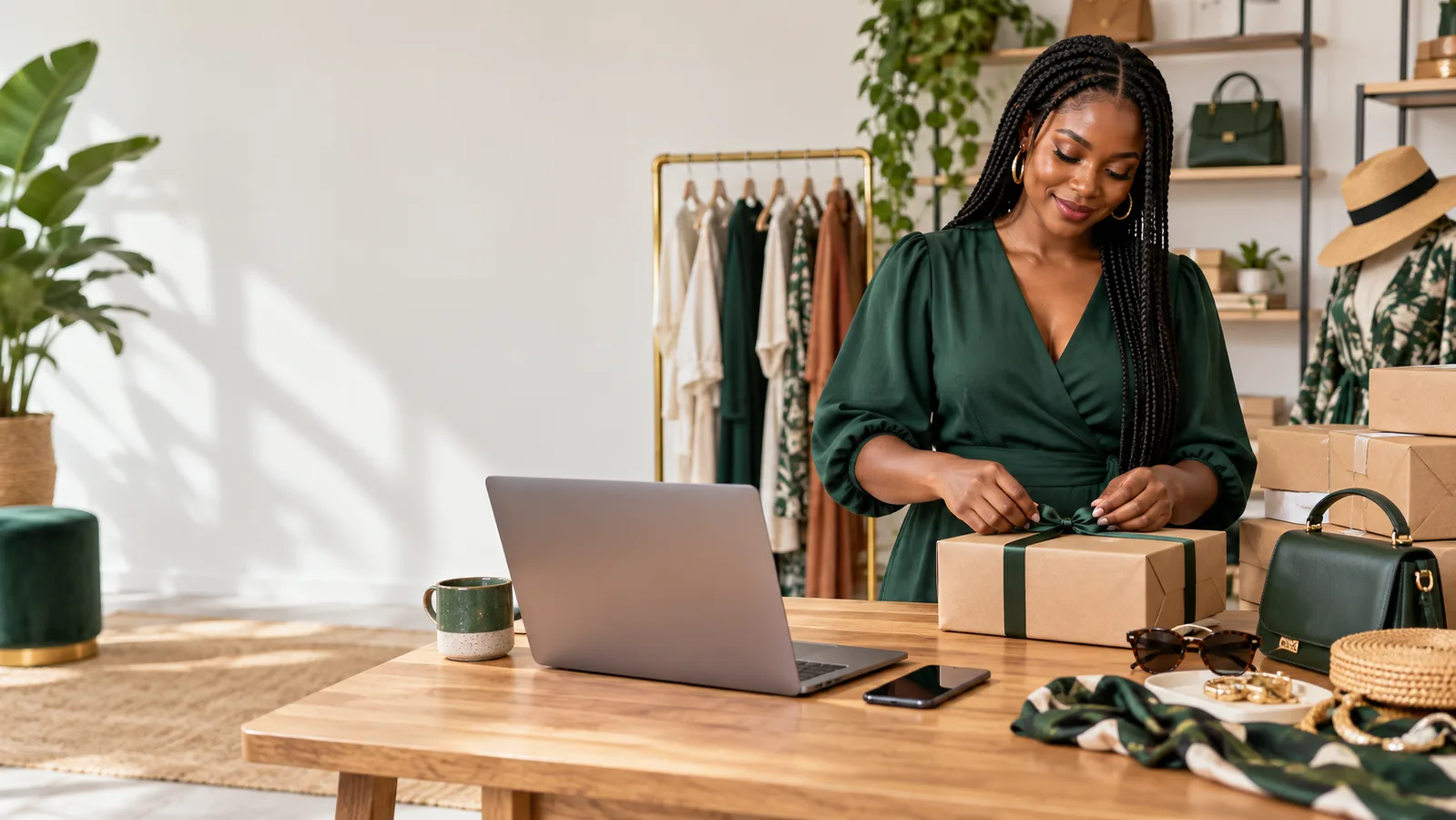 Nigerian fashion entrepreneur preparing products beside her laptop and phone