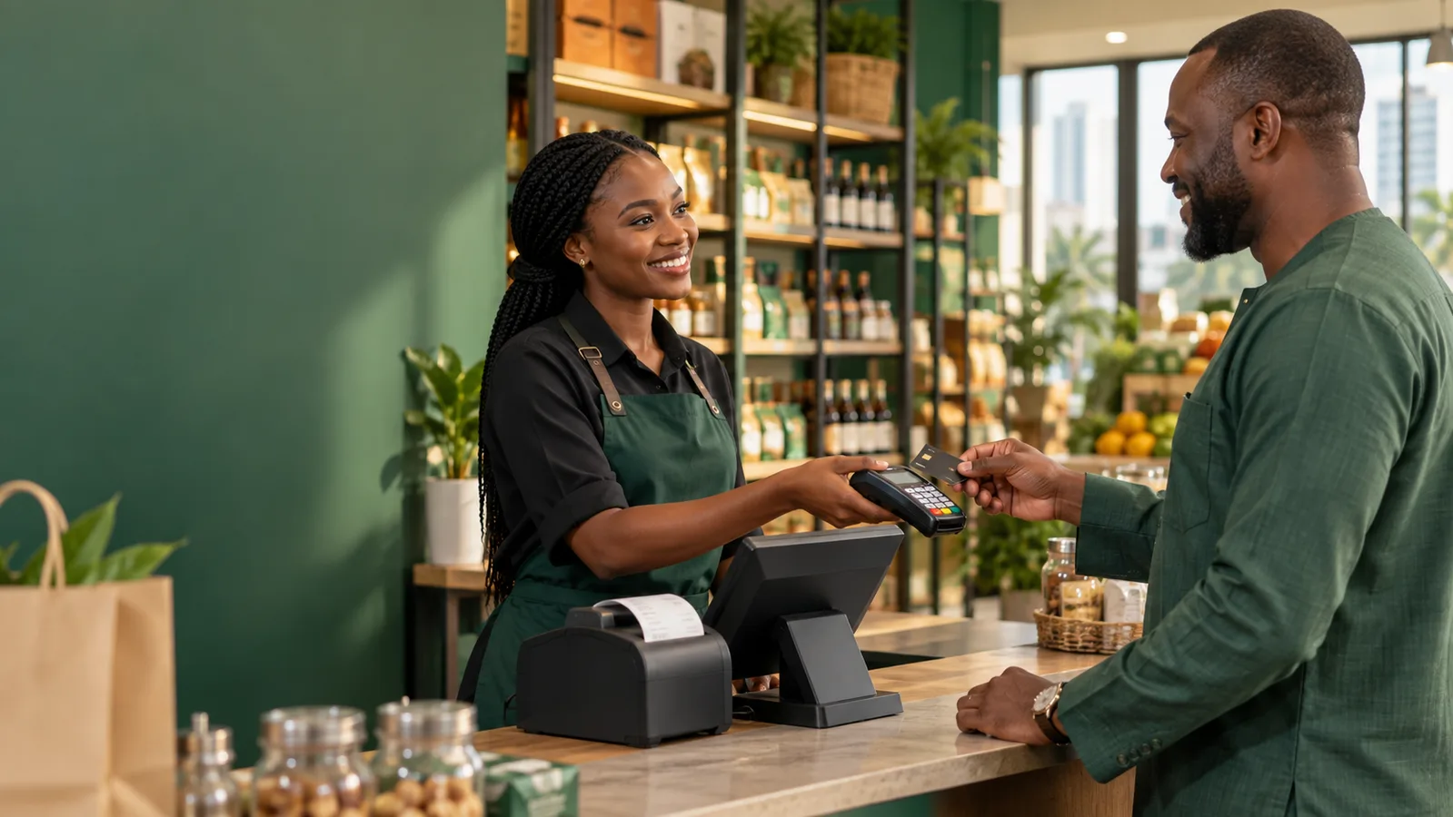 Nigerian cashier accepting payment at a modern retail POS counter