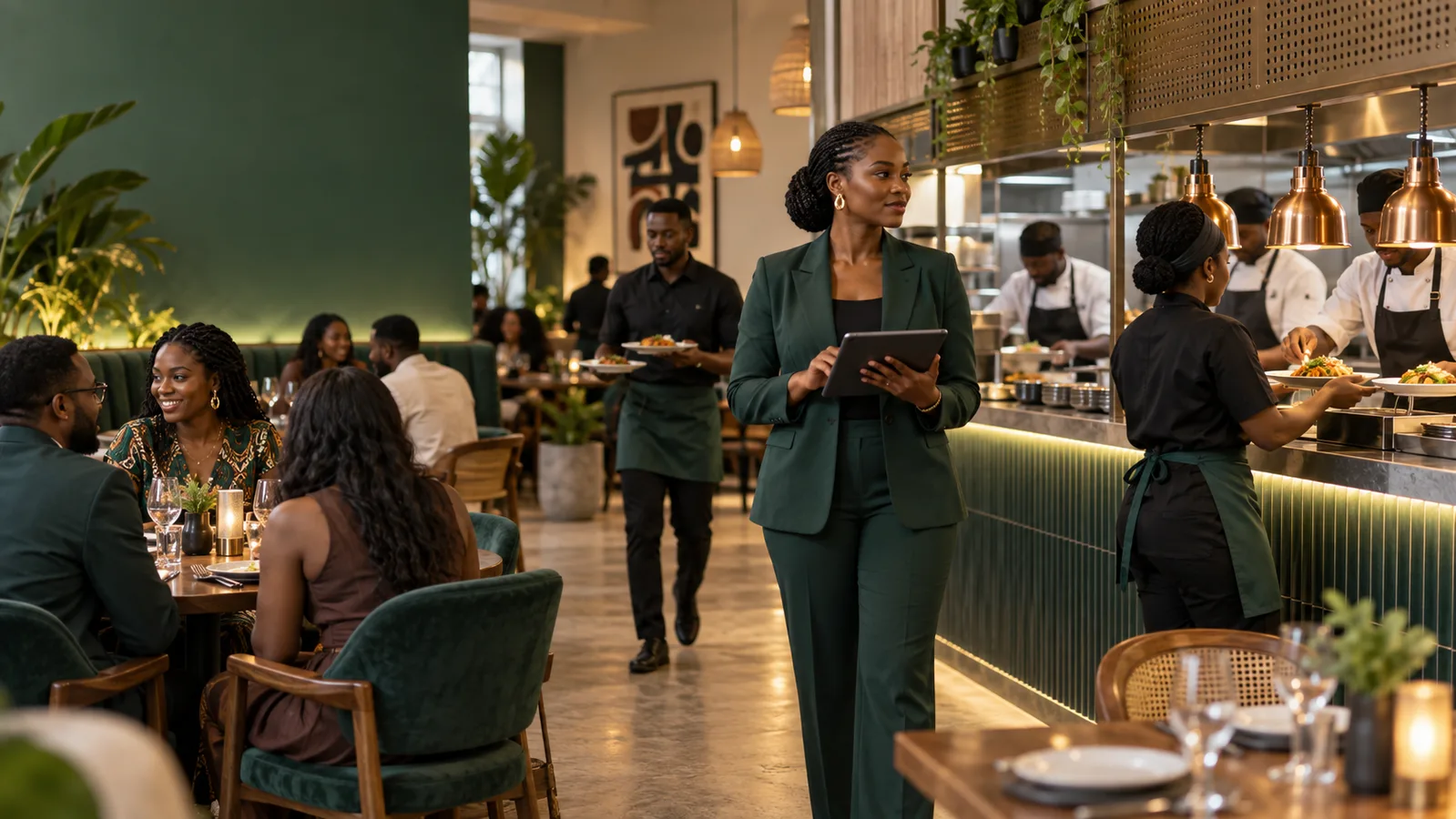 Nigerian restaurant manager coordinating service with a tablet