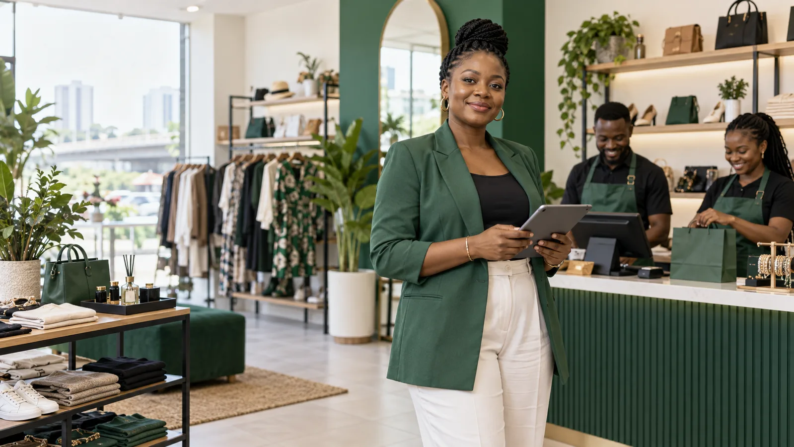 Nigerian retail owner and team in a modern organised store