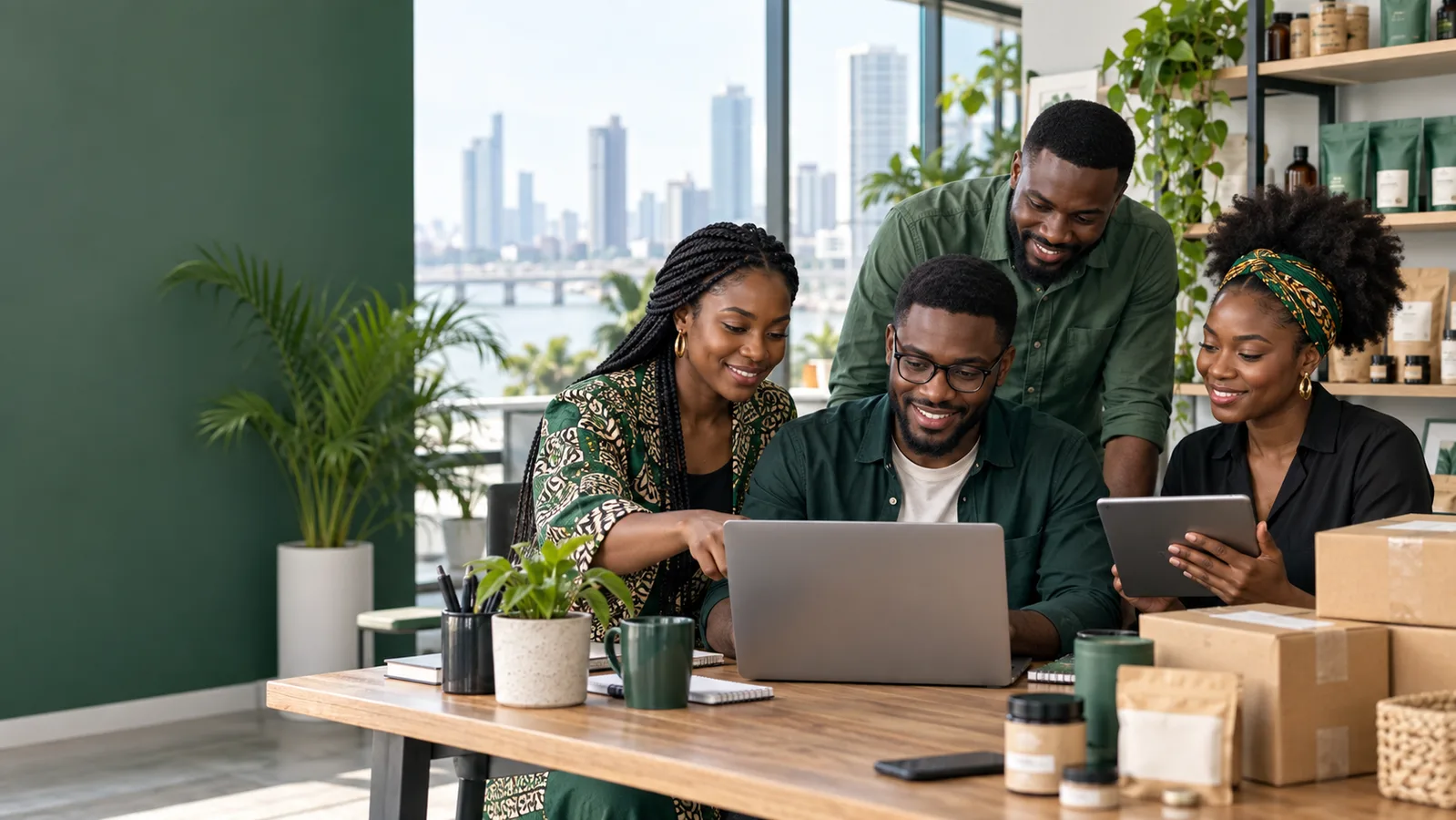 Nigerian small business team reviewing operations together on a laptop and tablet
